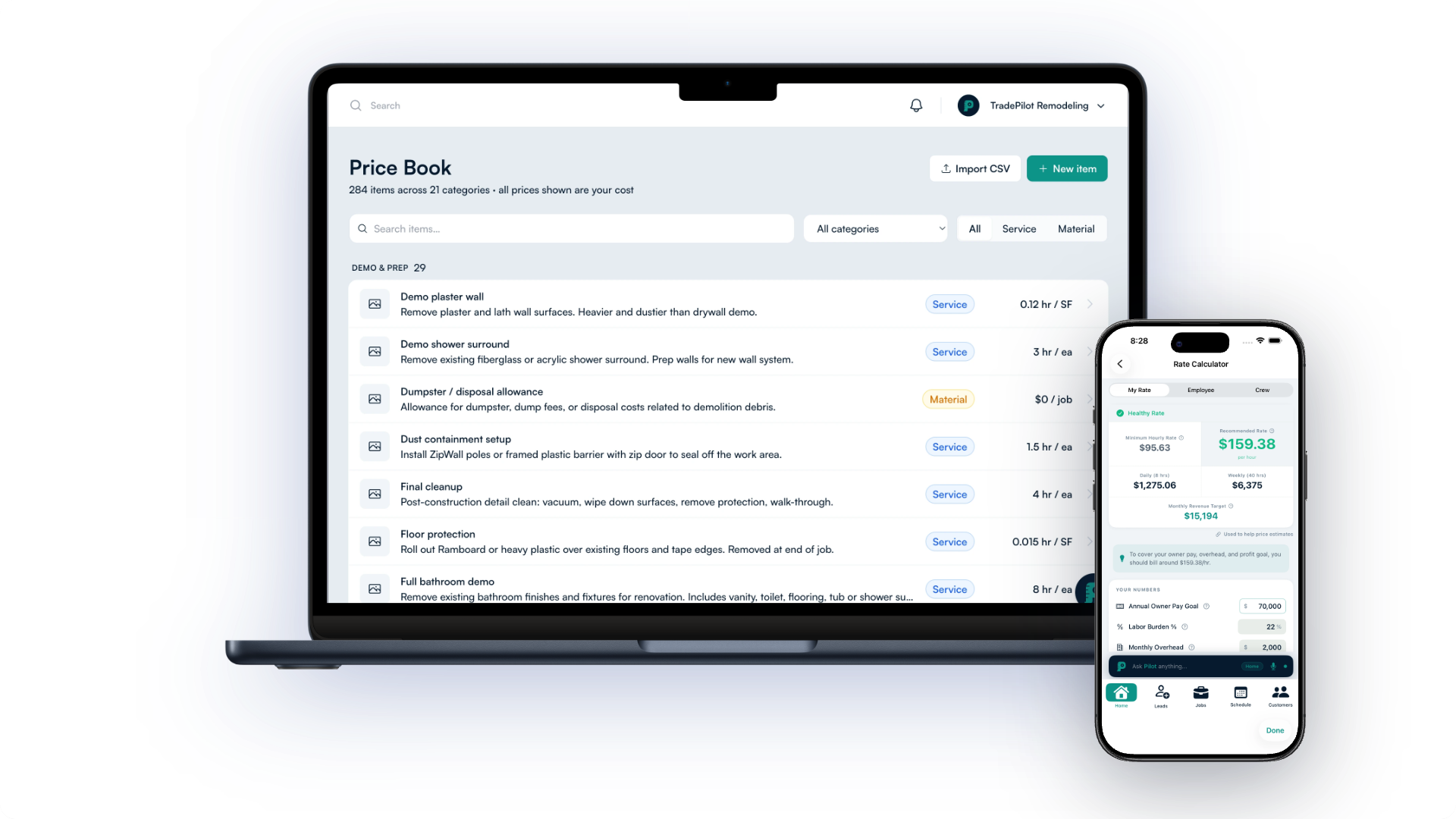 TradePilot price book on the web app and Rate Calculator on iPhone