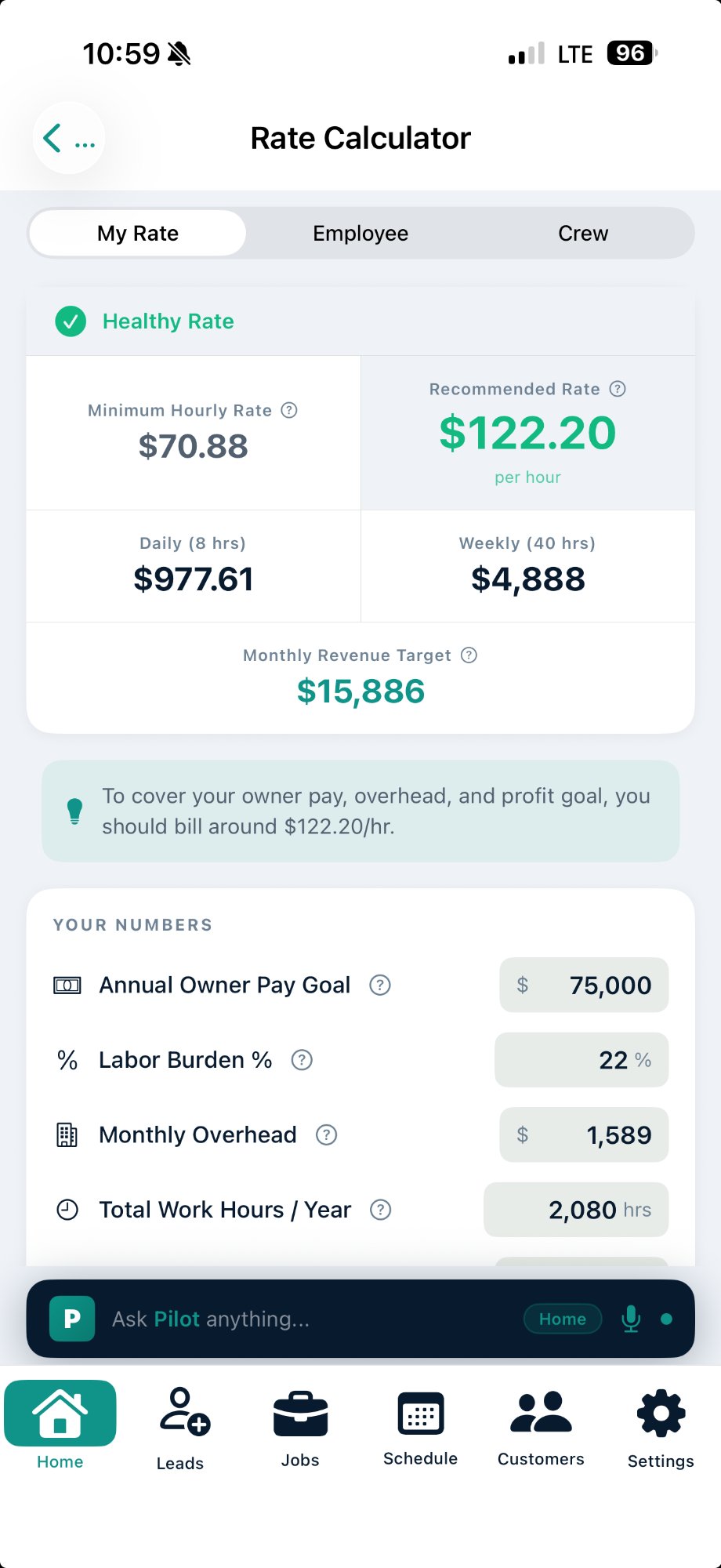 TradePilot Rate Calculator showing $122.20/hr recommended rate